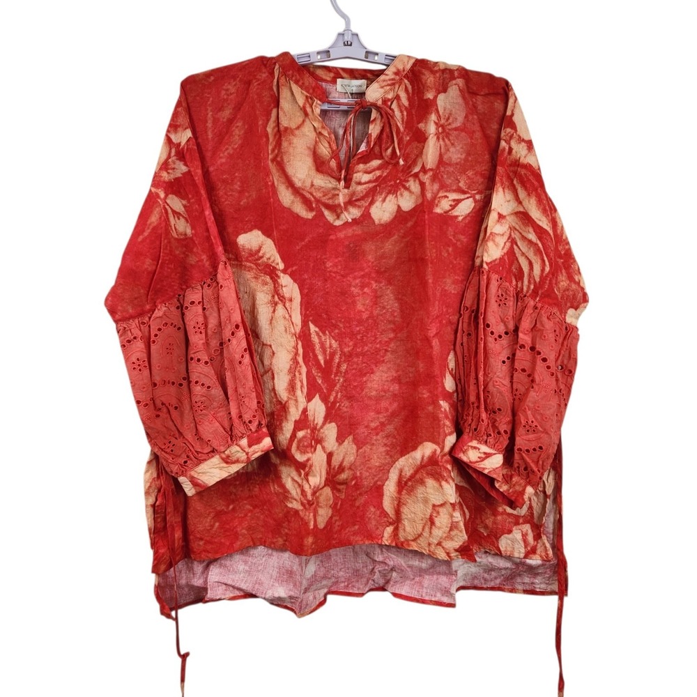 New With Tags Krista Larson Peasant Shirt LS Linen Scarlet Roses Lagenlook Red